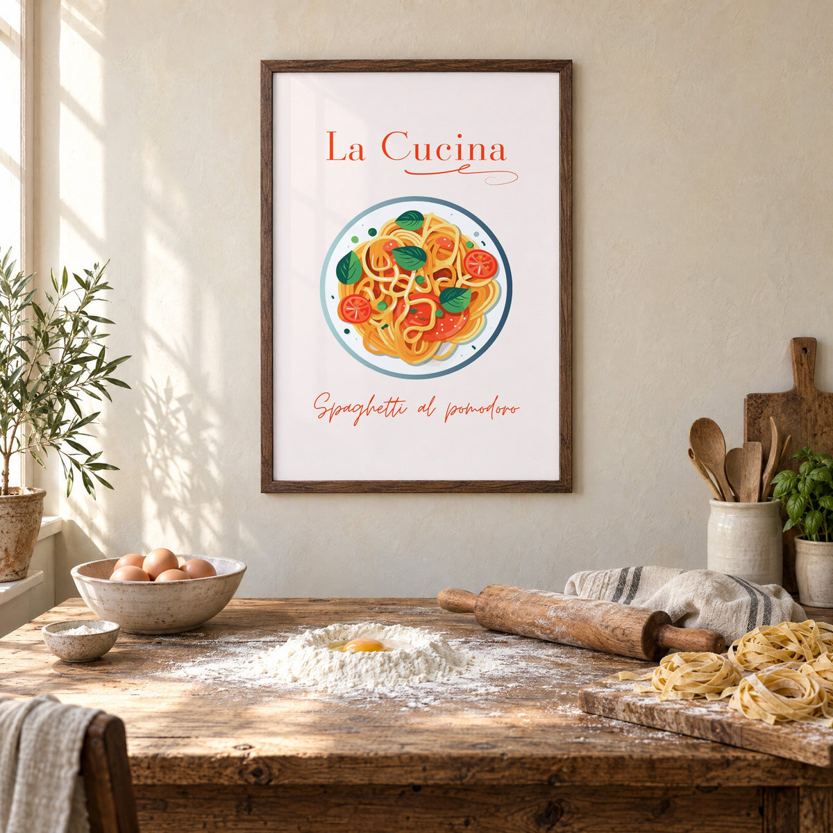 La Cucina spaghetti plate print in a walnut frame above a rustic table set for making fresh pasta