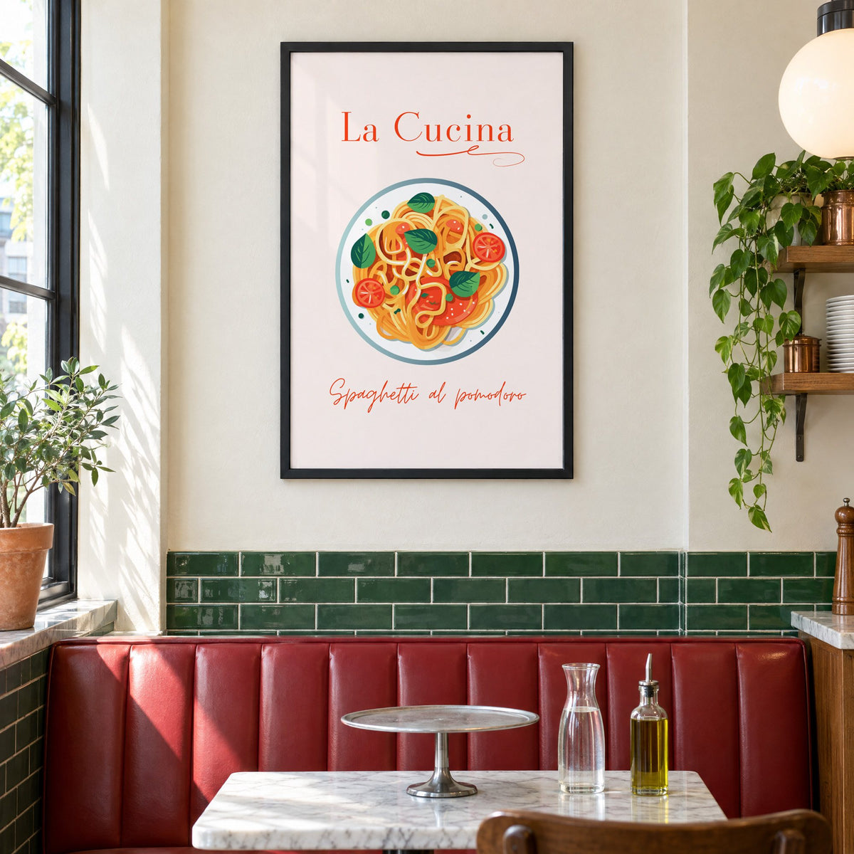 La Cucina spaghetti plate print in a black frame above a red leather booth in a sunny pizzeria