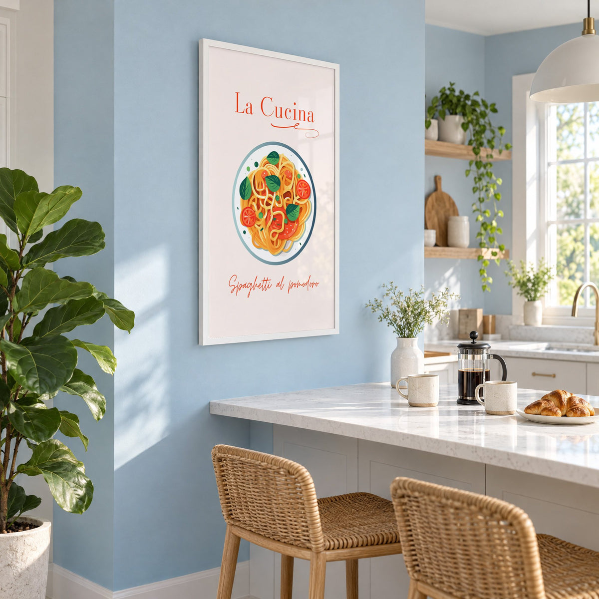 La Cucina spaghetti plate print in a white frame on a pale blue wall above a breakfast bar with rattan stools