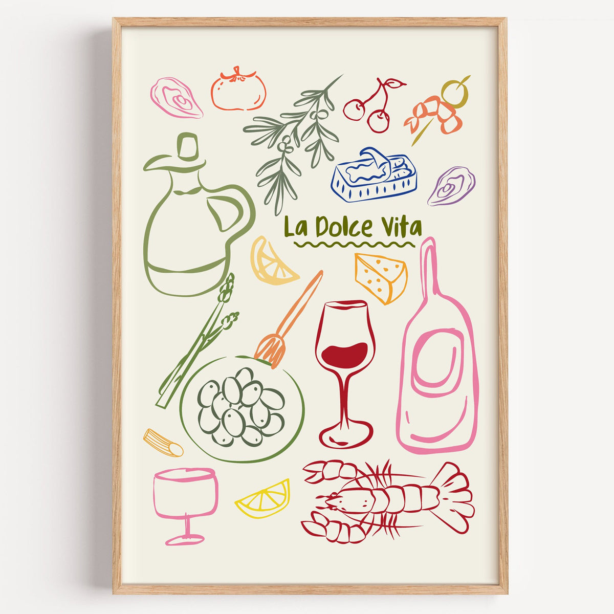 La Dolce Vita feast doodle print in a light oak frame on a plain white wall