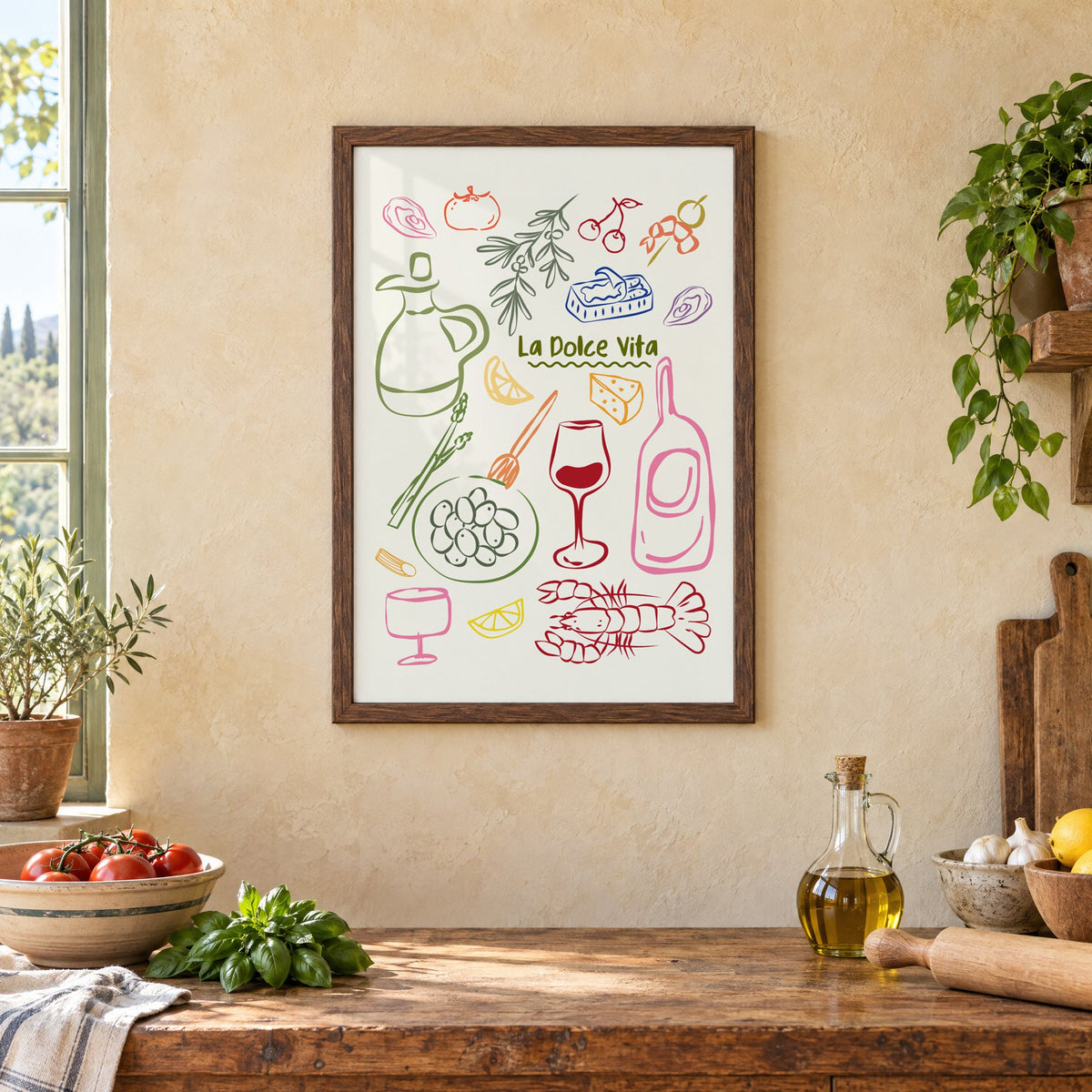 La Dolce Vita feast doodle print in a walnut frame above a rustic Italian kitchen table with tomatoes