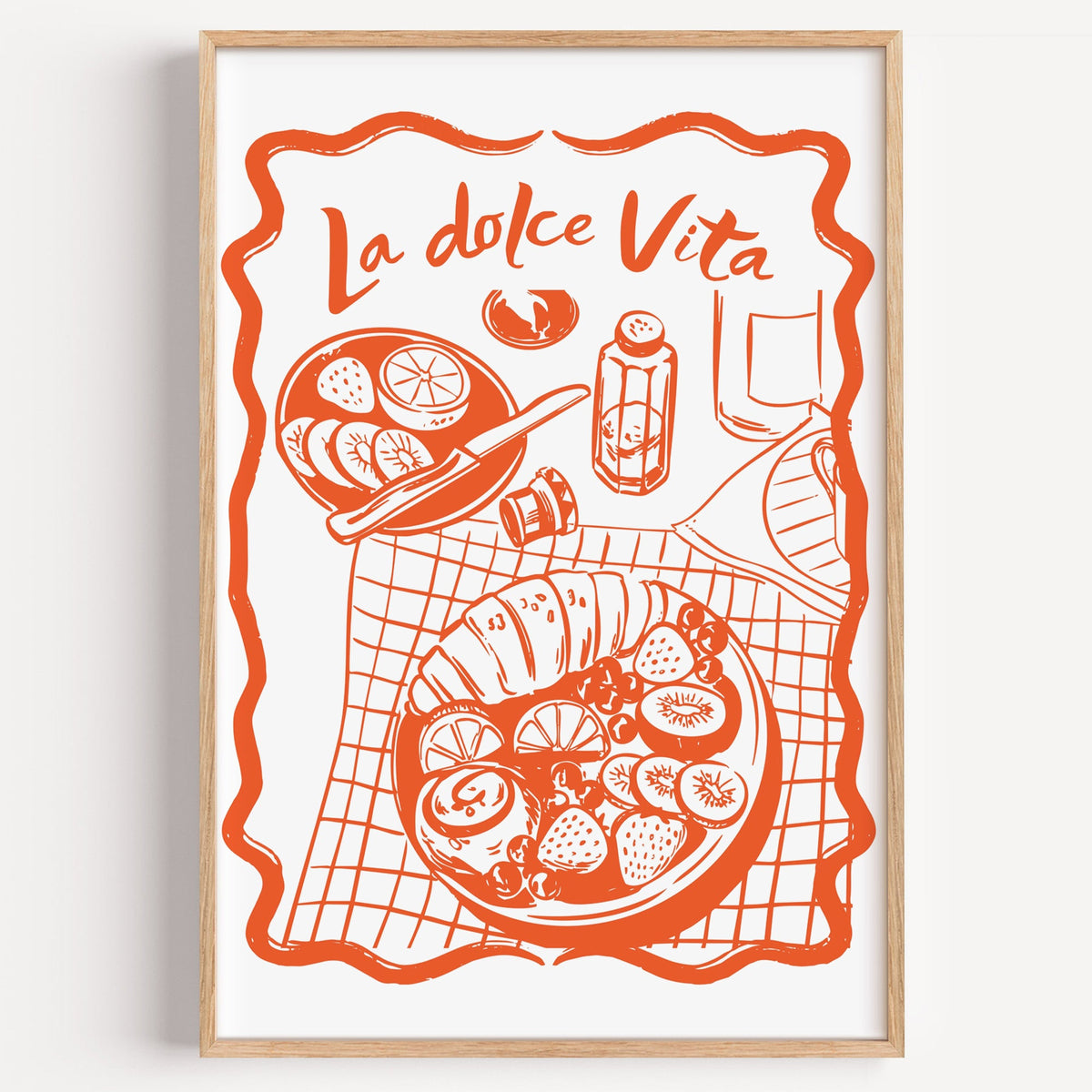 La Dolce Vita red line table print in a light oak frame on a plain white wall