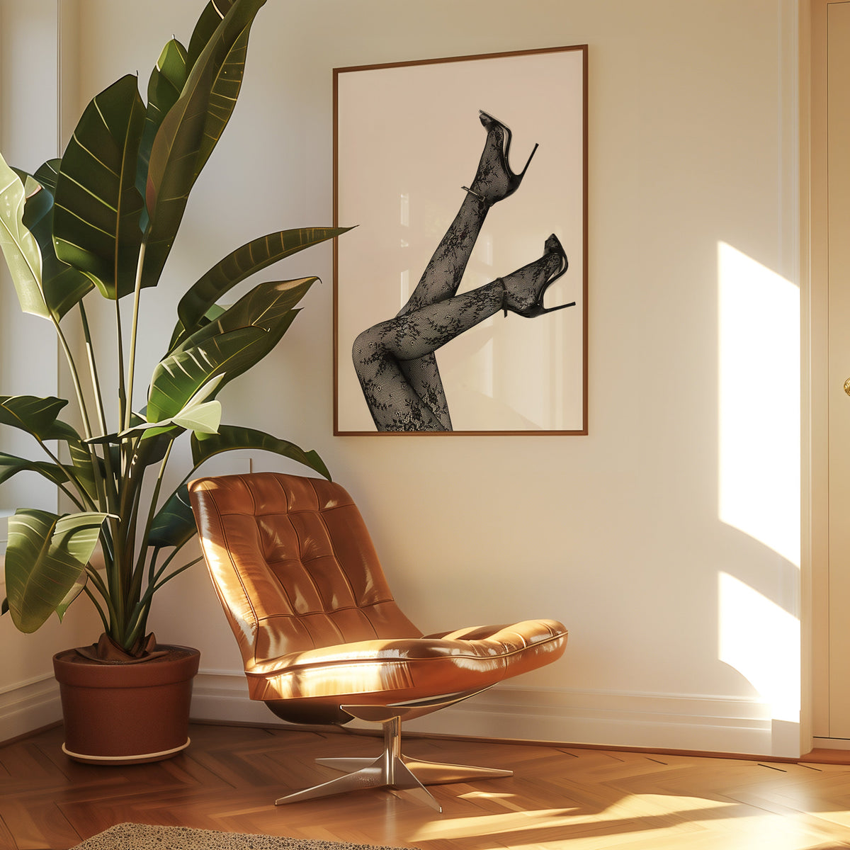 Legs in floral lace tights and stilettos print in a walnut frame above a leather lounge chair