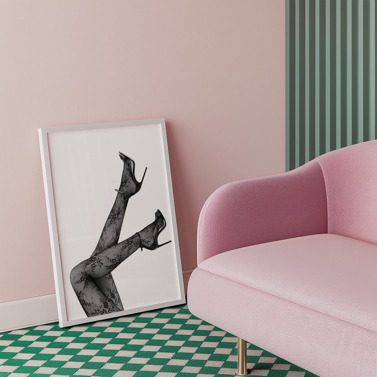 Legs in floral lace tights and stilettos print in a white frame beside a pink armchair on a checkered floor