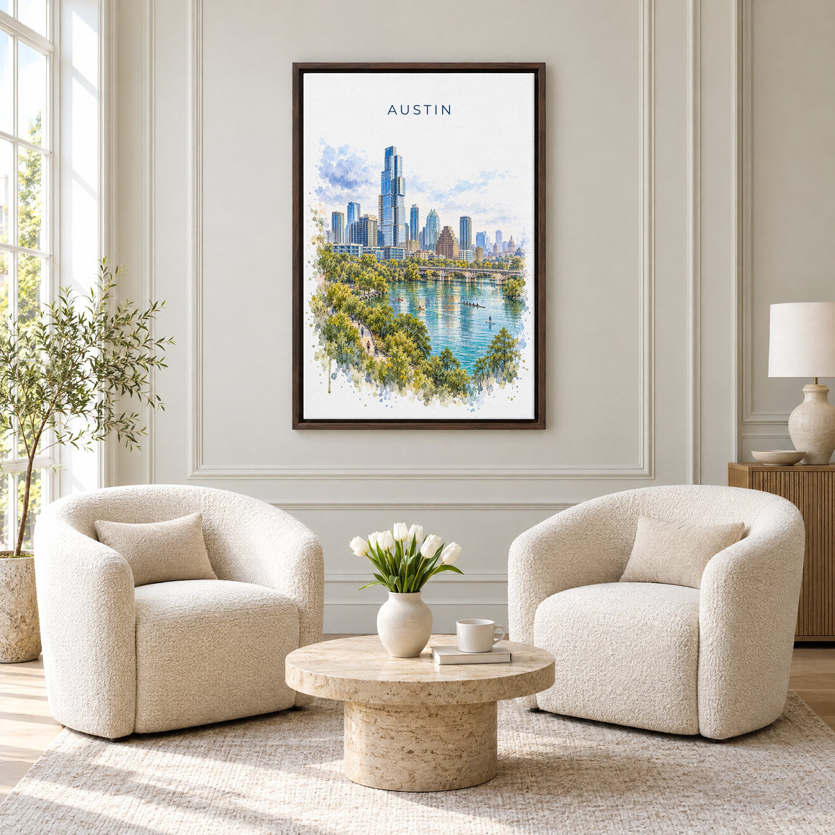 Lady Bird Lake Austin watercolor print as an espresso floater canvas above two boucle armchairs in a hotel lounge