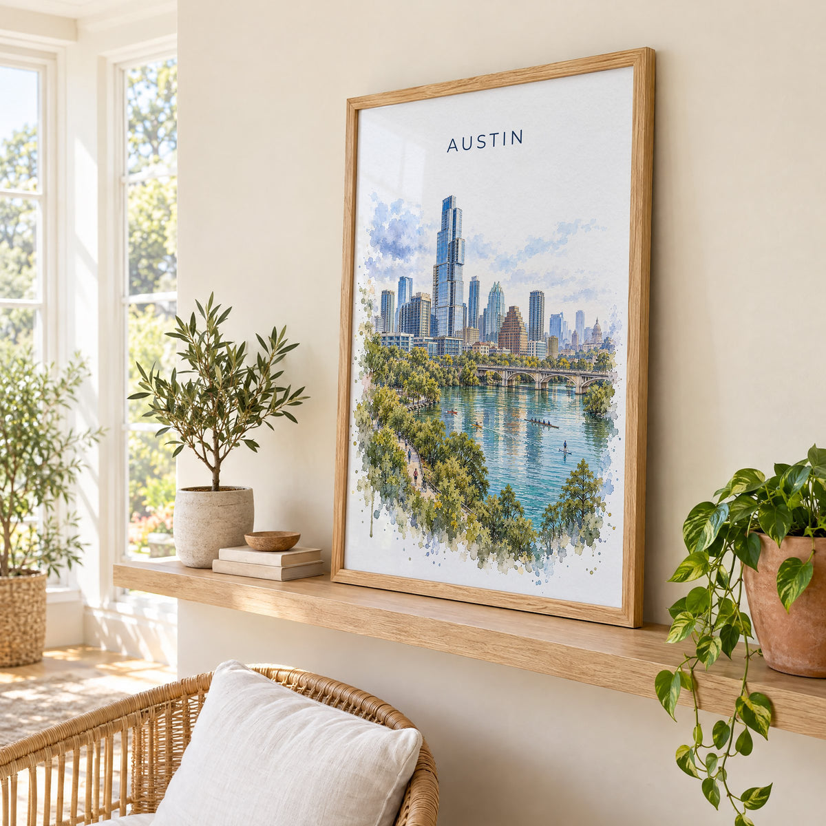 Lady Bird Lake Austin watercolor print in an oak frame on a picture ledge in a sunlit sunroom