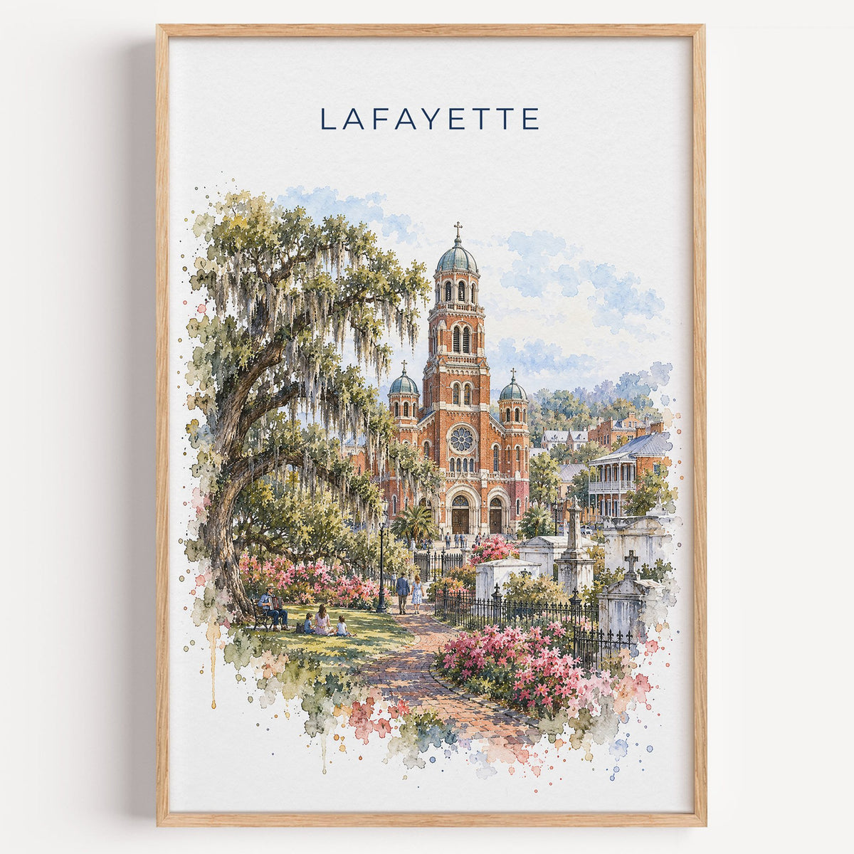 Lafayette, Louisiana watercolor print in a light oak frame on a plain white wall