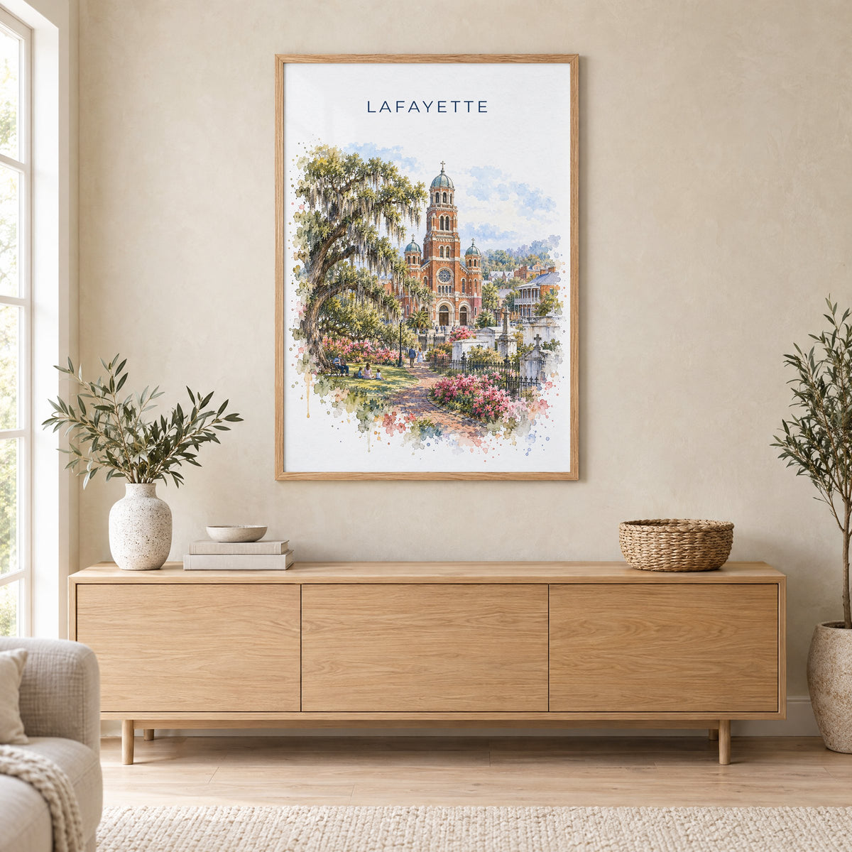 Lafayette, Louisiana watercolor print in an oak frame above a light wood sideboard in a Scandinavian living room