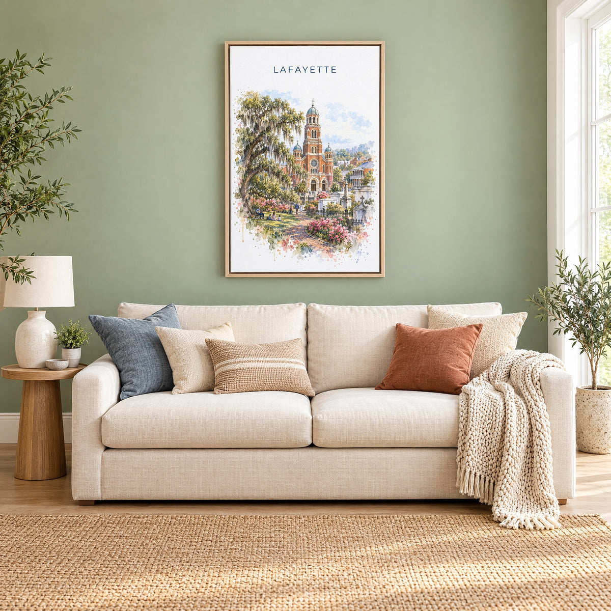 Lafayette, Louisiana watercolor print as a natural floater canvas above a cream linen sofa on a sage green wall