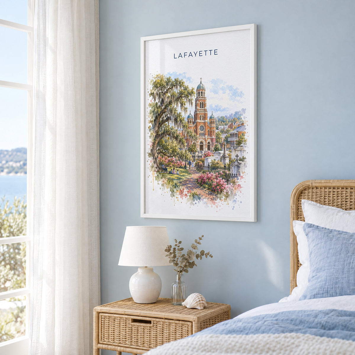 Lafayette, Louisiana watercolor print in a white frame on a pale blue wall beside a rattan bed in a coastal bedroom