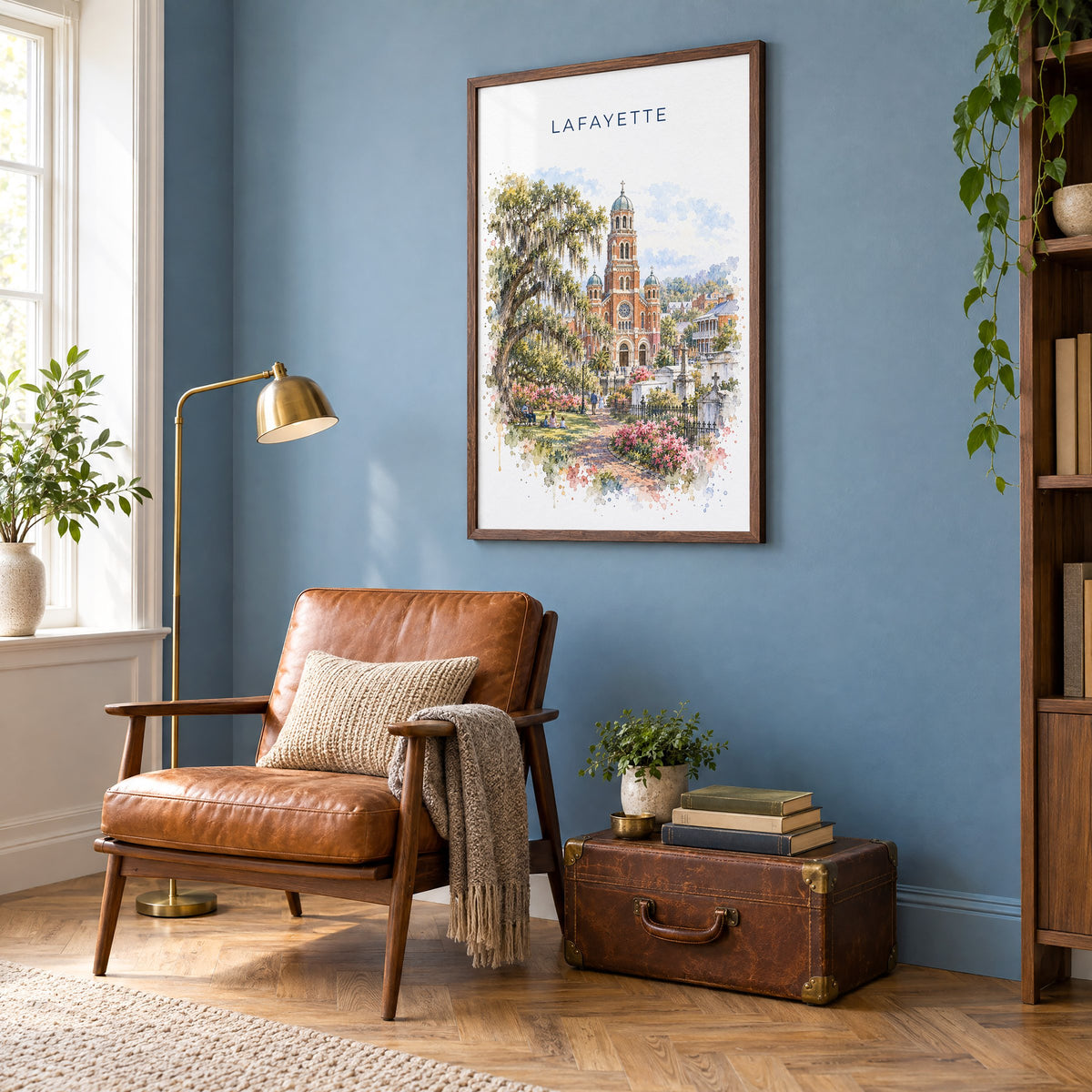 Lafayette, Louisiana watercolor print in a walnut frame on a blue wall above a leather armchair in a reading nook