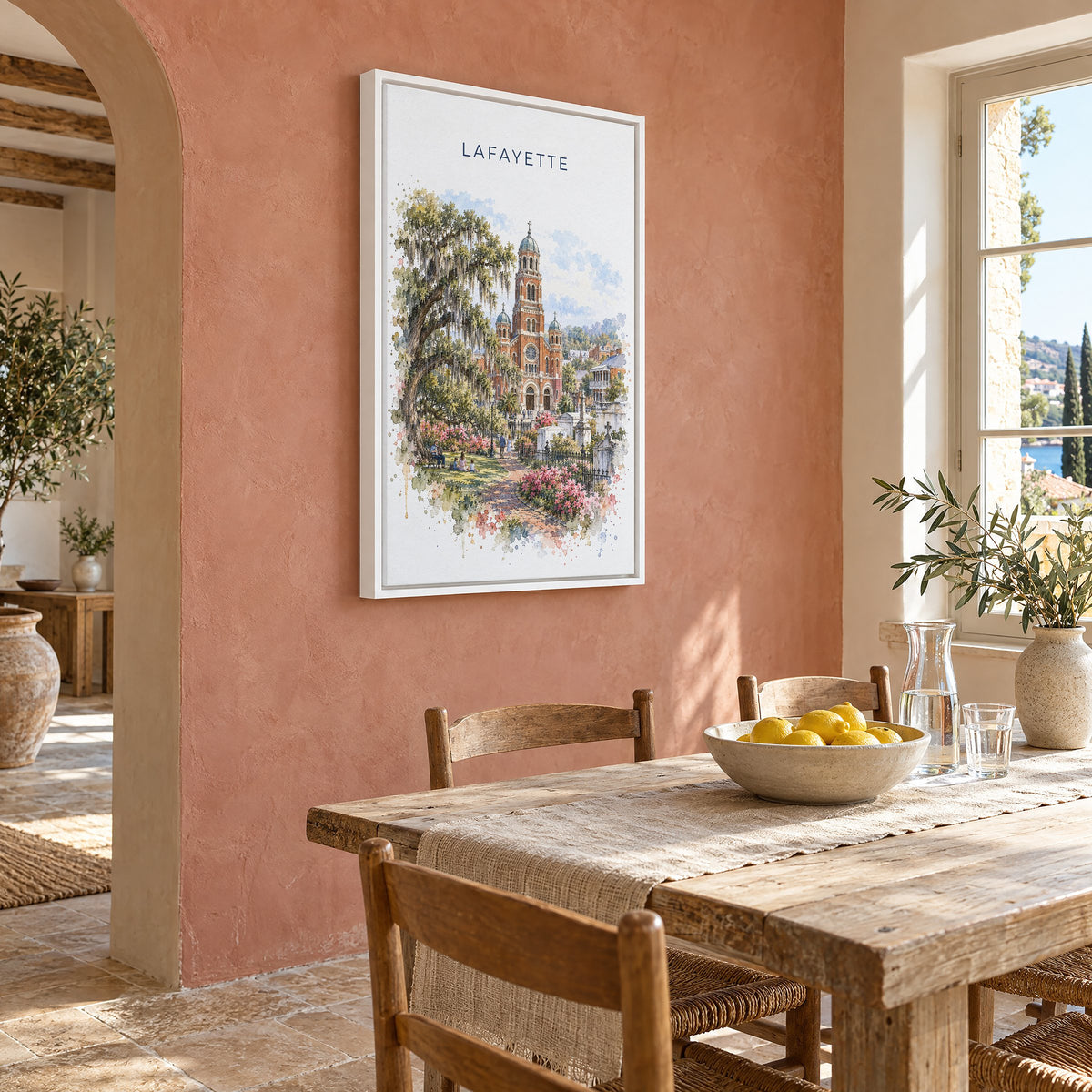 Lafayette, Louisiana watercolor print as a white floater canvas on a terracotta wall above a rustic dining table