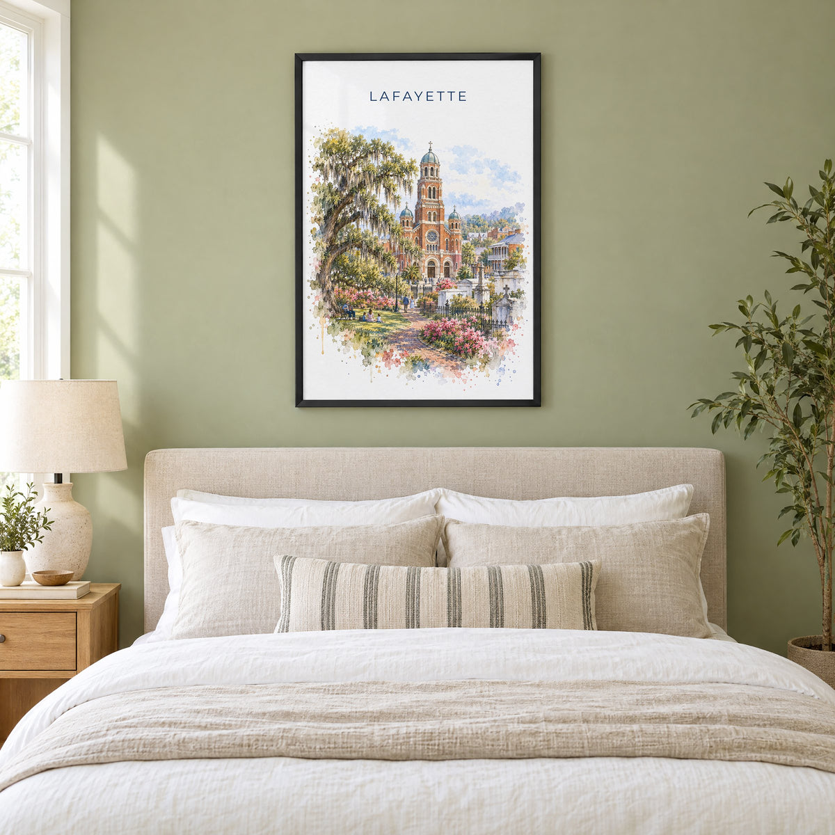 Lafayette, Louisiana watercolor print in a black frame above an upholstered headboard in a sage green bedroom