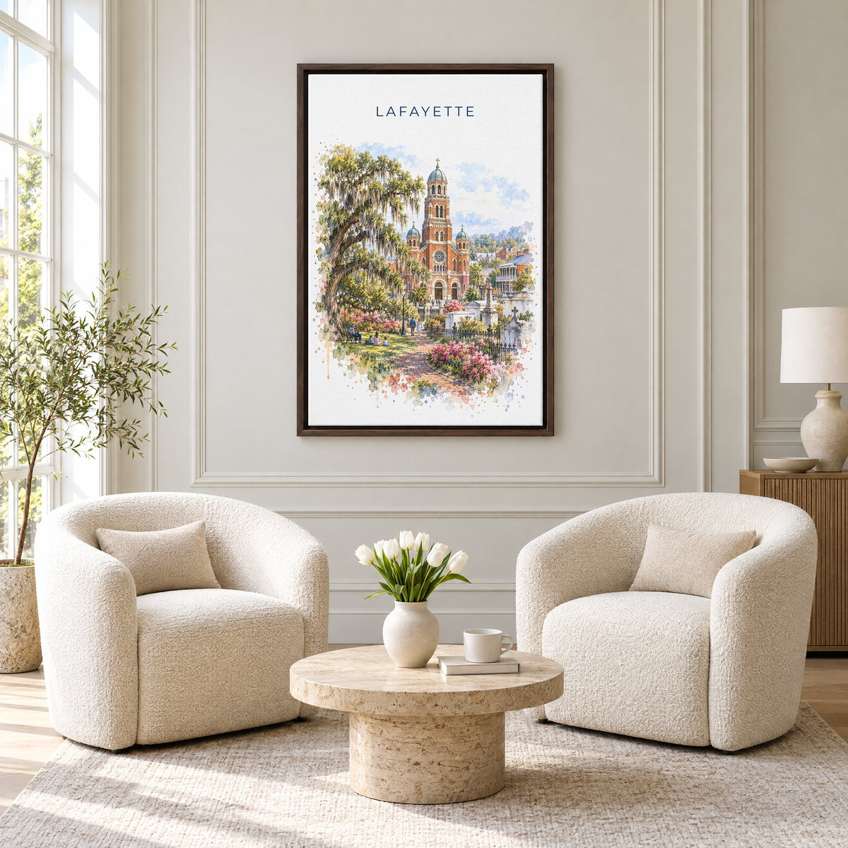 Lafayette, Louisiana watercolor print as an espresso floater canvas above two boucle armchairs in a hotel lounge