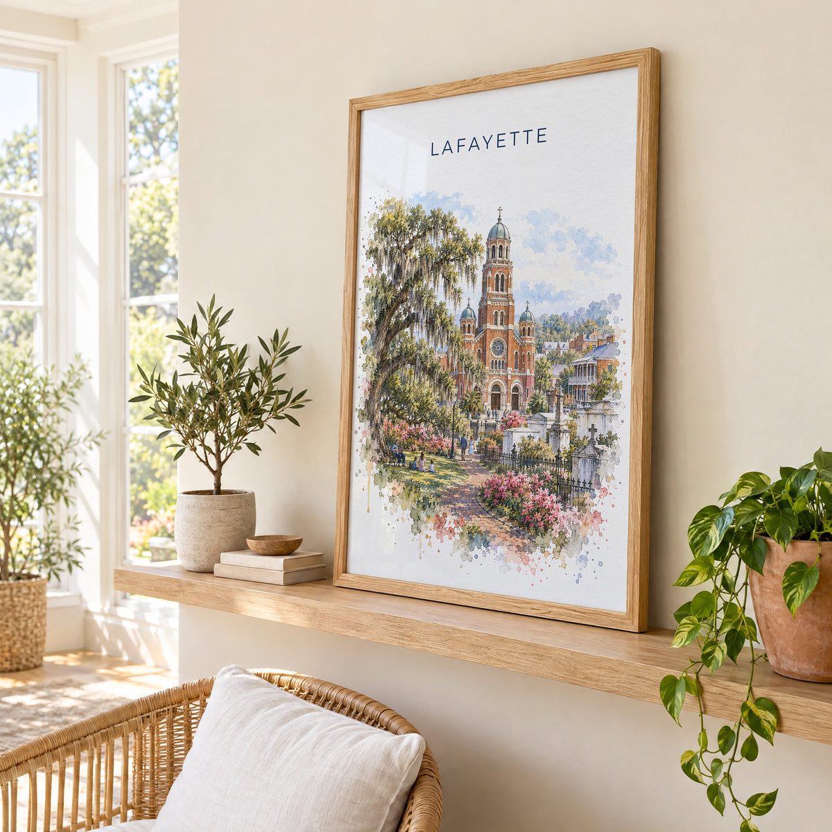 Lafayette, Louisiana watercolor print in an oak frame on a picture ledge in a sunlit sunroom