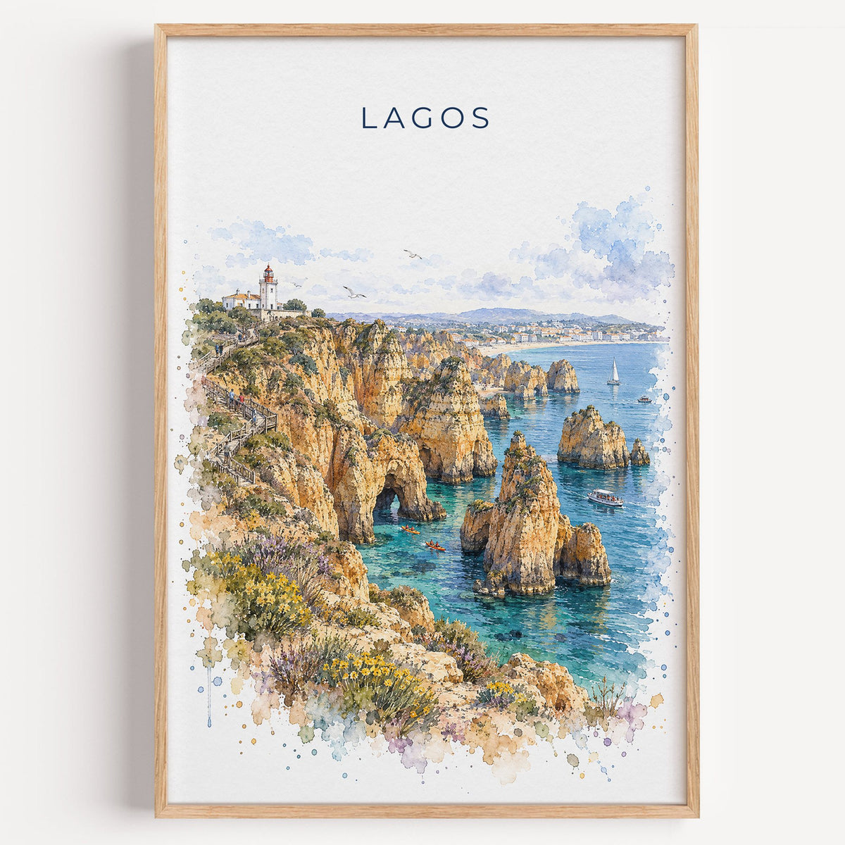 Lagos, Portugal watercolor print in a light oak frame on a plain white wall