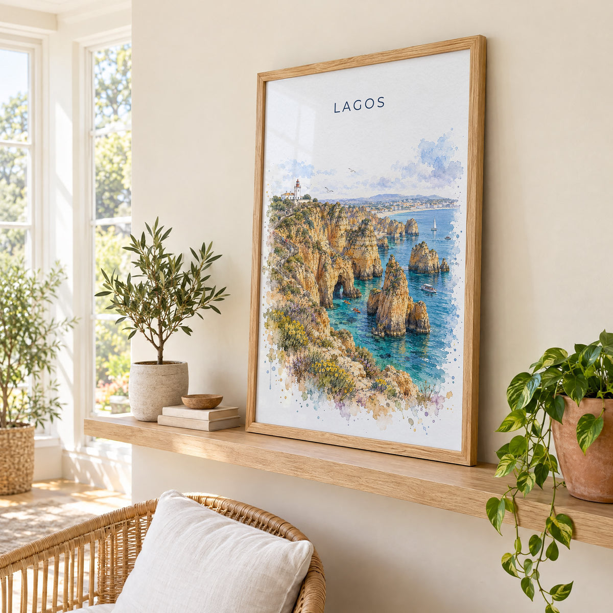 Lagos, Portugal watercolor print in an oak frame on a picture ledge in a sunlit sunroom