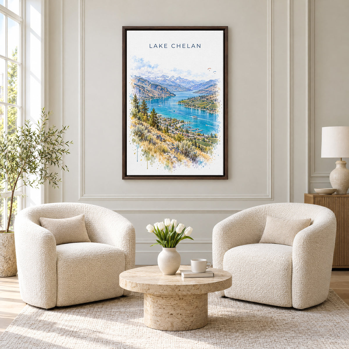 Lake Chelan watercolor print as an espresso floater canvas above two boucle armchairs in a hotel lounge