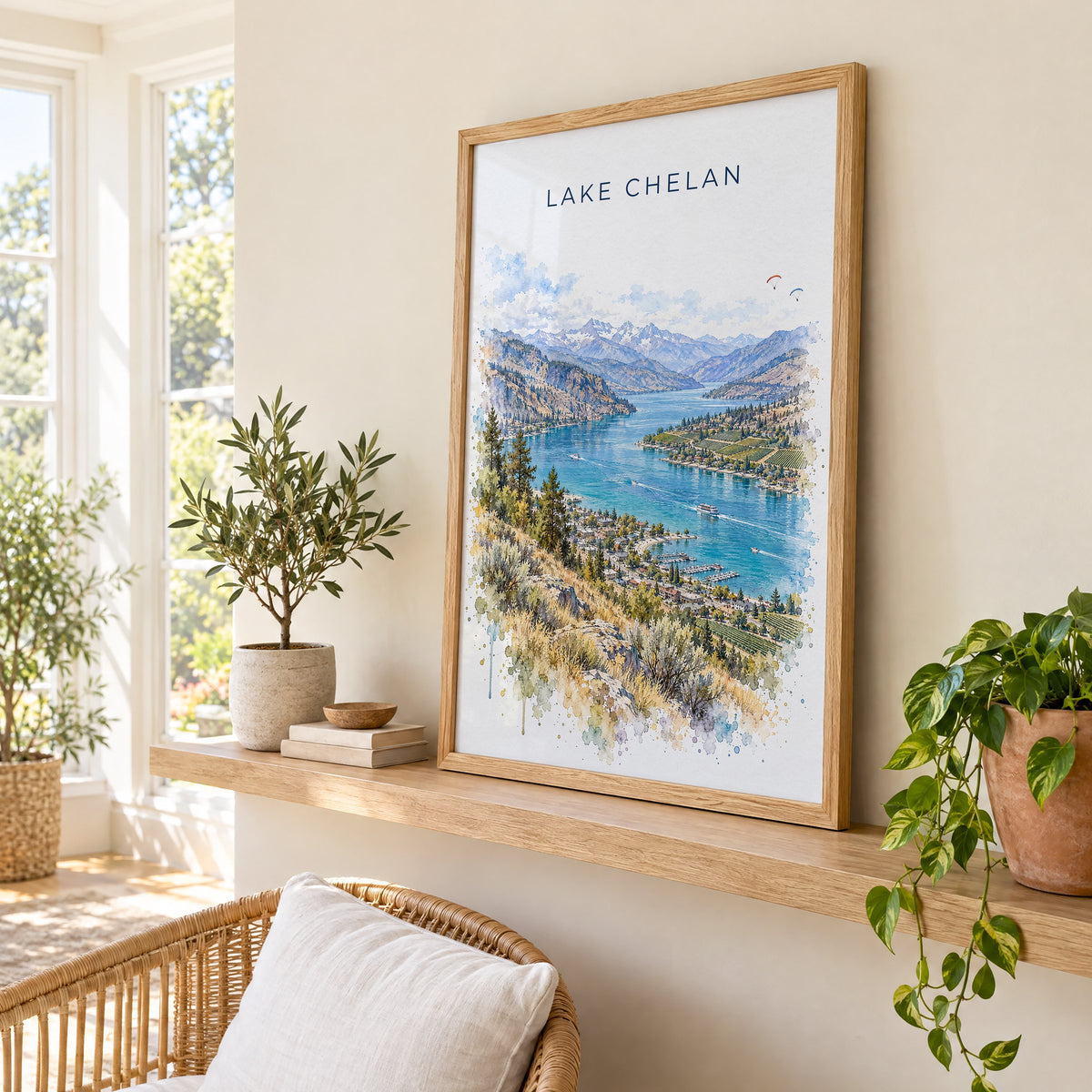 Lake Chelan watercolor print in an oak frame on a picture ledge in a sunlit sunroom