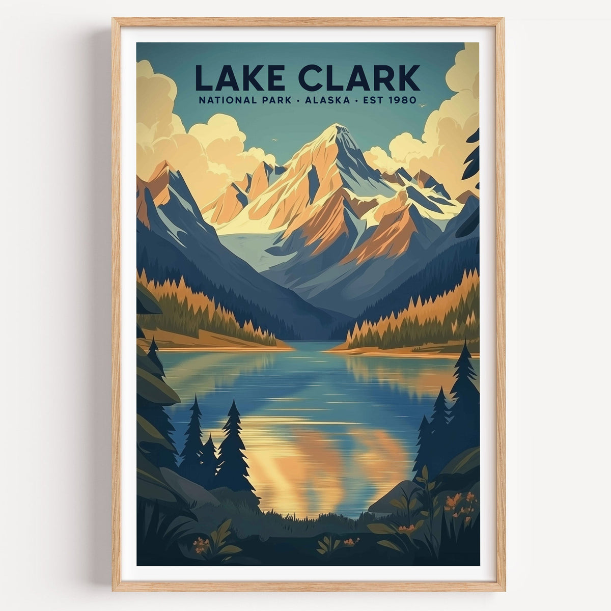Lake Clark National Park illustrated print: a gold-lit peak mirrored in a lake, in an oak frame