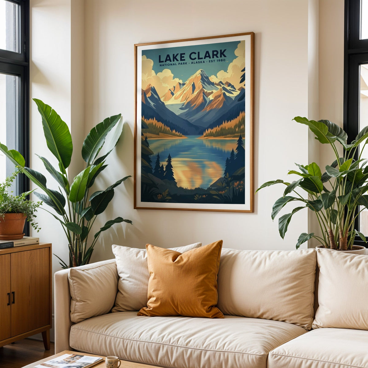 Lake Clark National Park print in an oak frame above a cream living room sofa with an ochre cushion