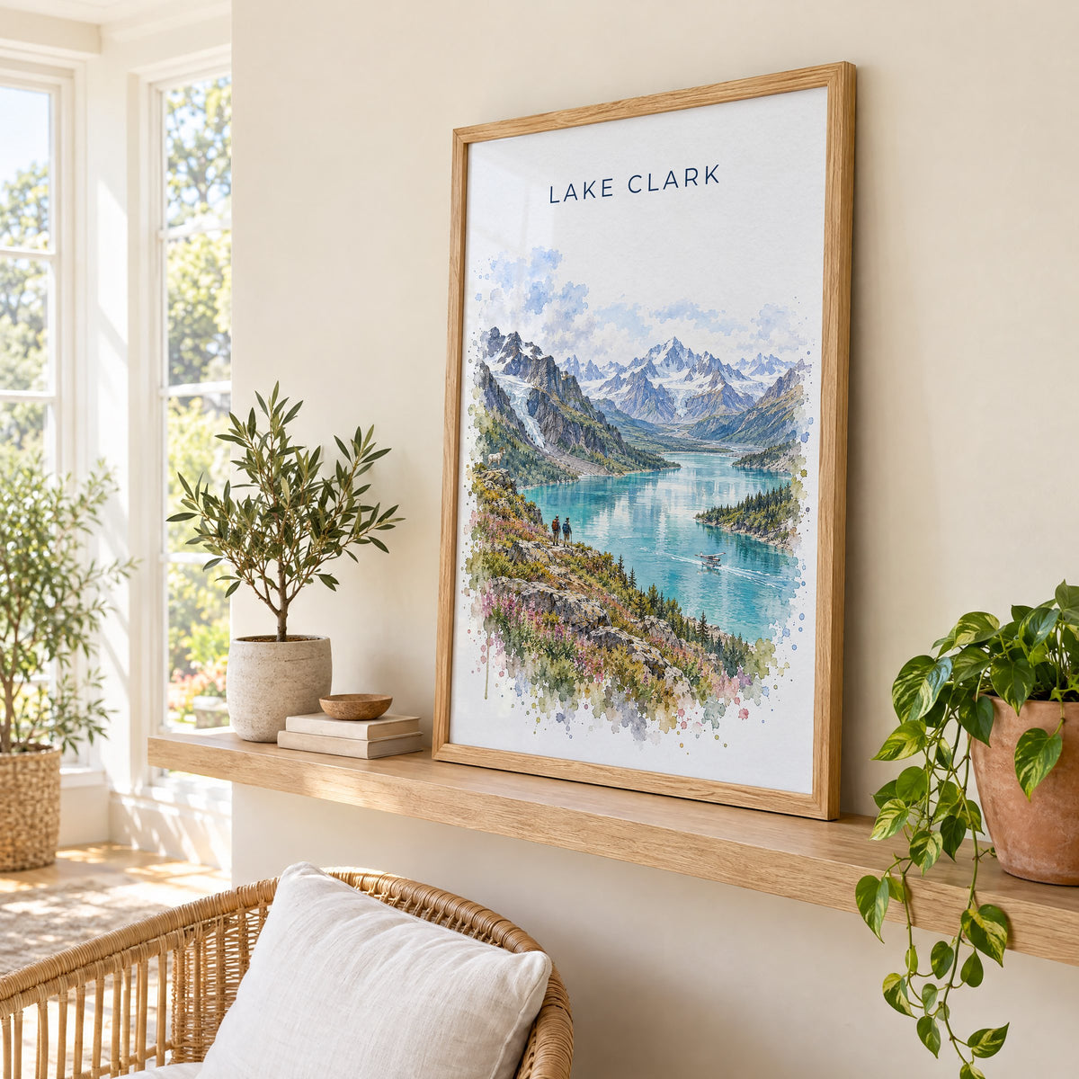 Lake Clark National Park watercolor print in an oak frame on a picture ledge in a sunlit sunroom