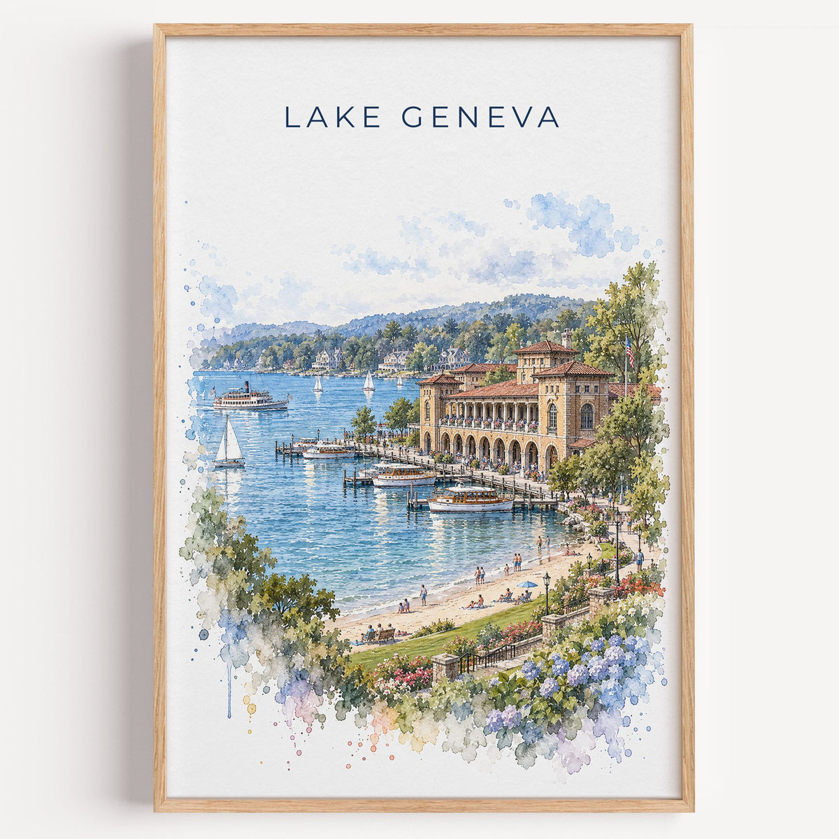Lake Geneva, Wisconsin watercolor print in a light oak frame on a plain white wall