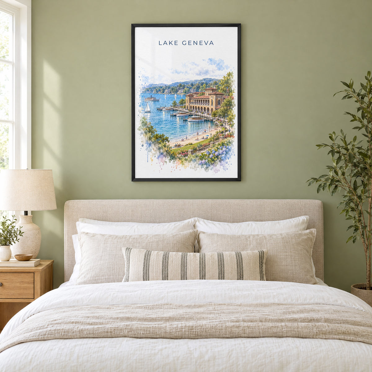 Lake Geneva, Wisconsin watercolor print in a black frame above an upholstered headboard in a sage green bedroom