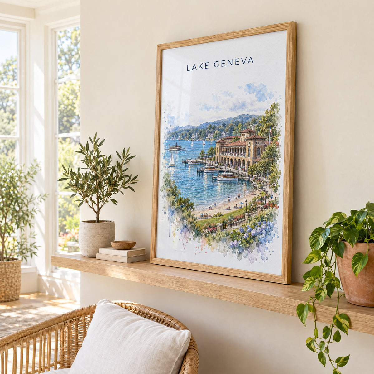 Lake Geneva, Wisconsin watercolor print in an oak frame on a picture ledge in a sunlit sunroom