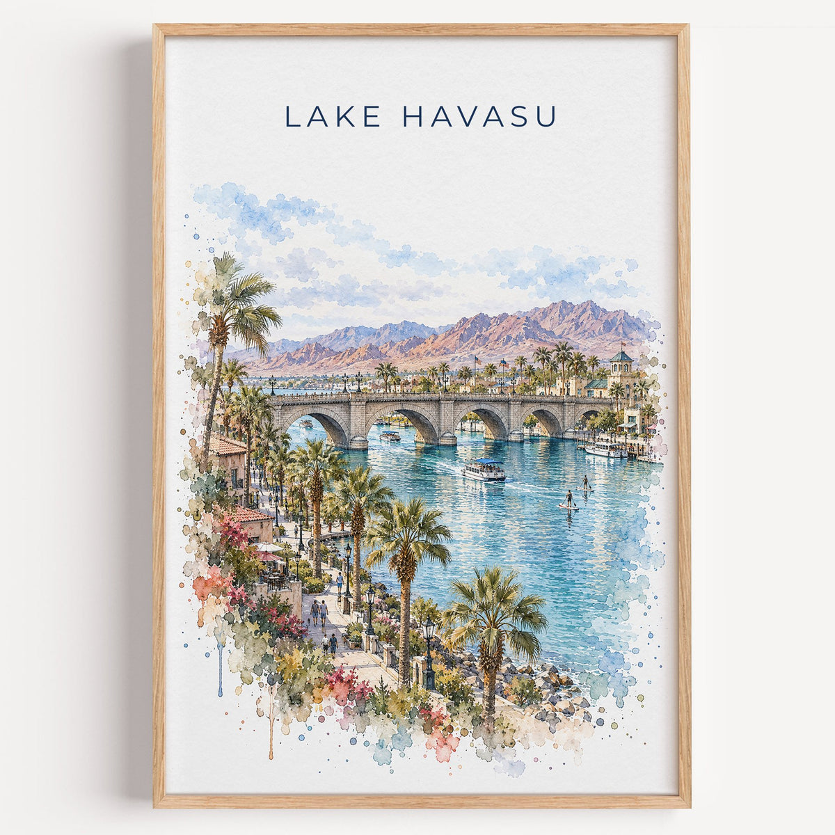 Lake Havasu watercolor print in a light oak frame on a plain white wall
