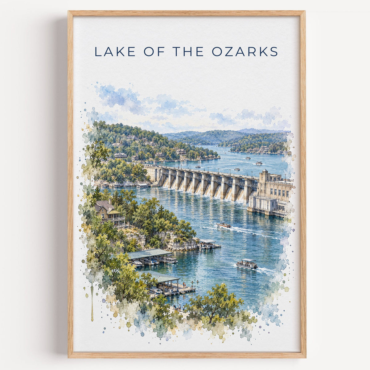 Lake of the Ozarks watercolor print in a light oak frame on a plain white wall