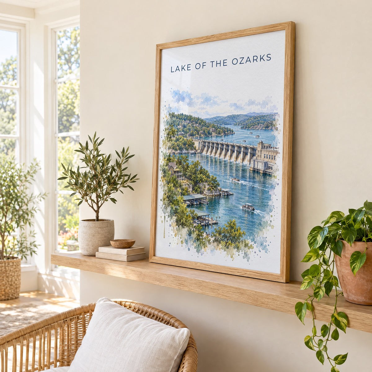 Lake of the Ozarks watercolor print in an oak frame on a picture ledge in a sunlit sunroom