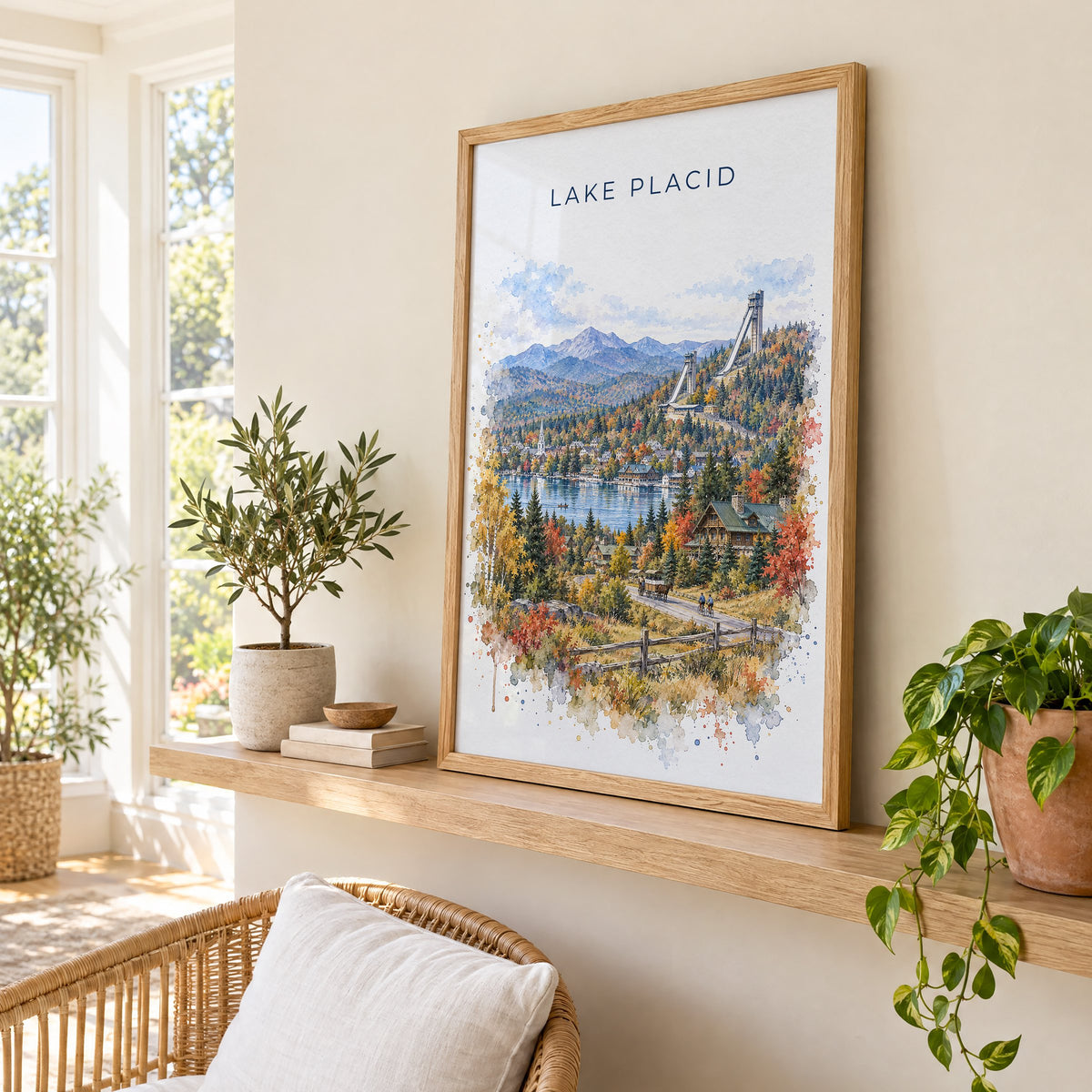 Lake Placid watercolor print in an oak frame on a picture ledge in a sunlit sunroom