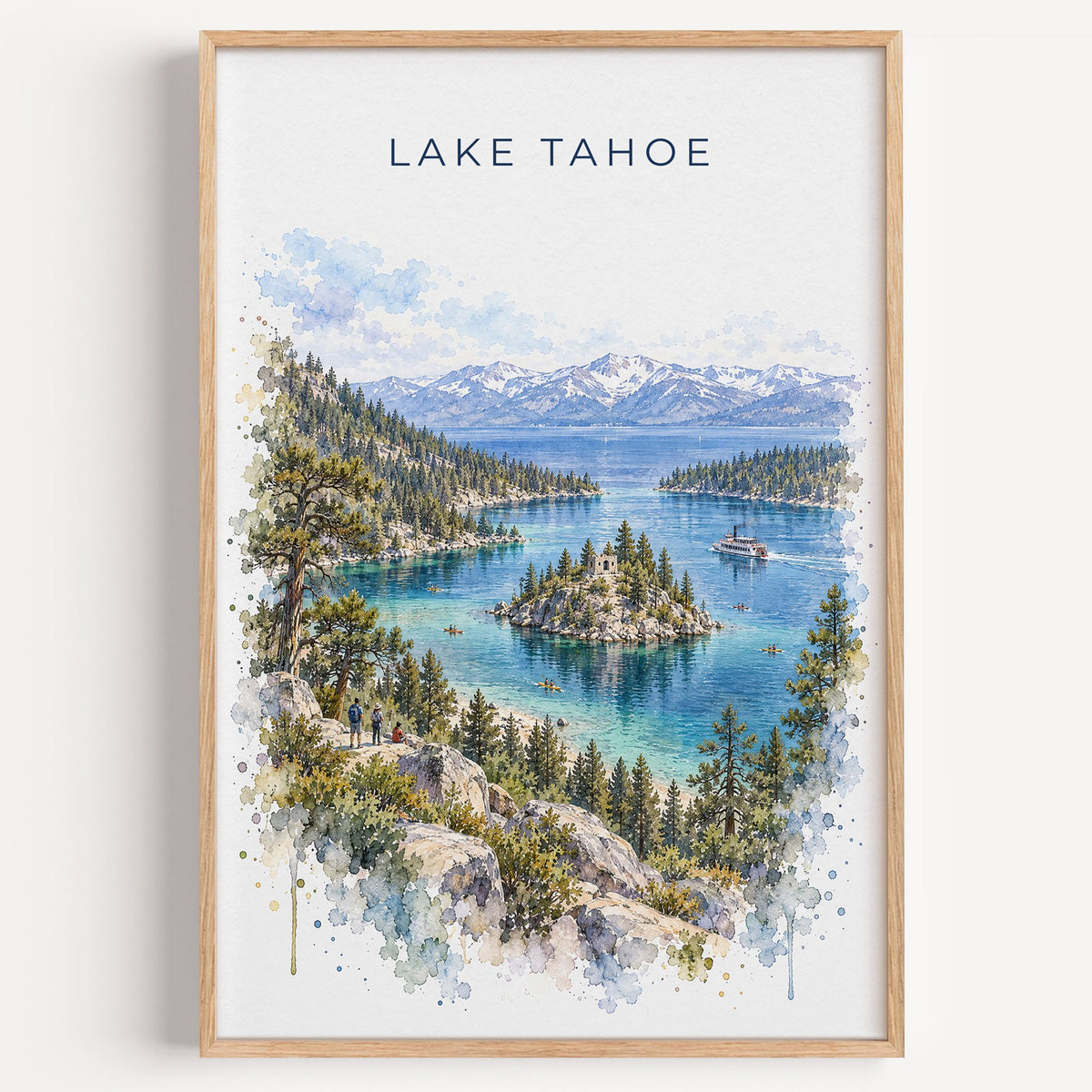 Lake Tahoe watercolor print in a light oak frame on a plain white wall