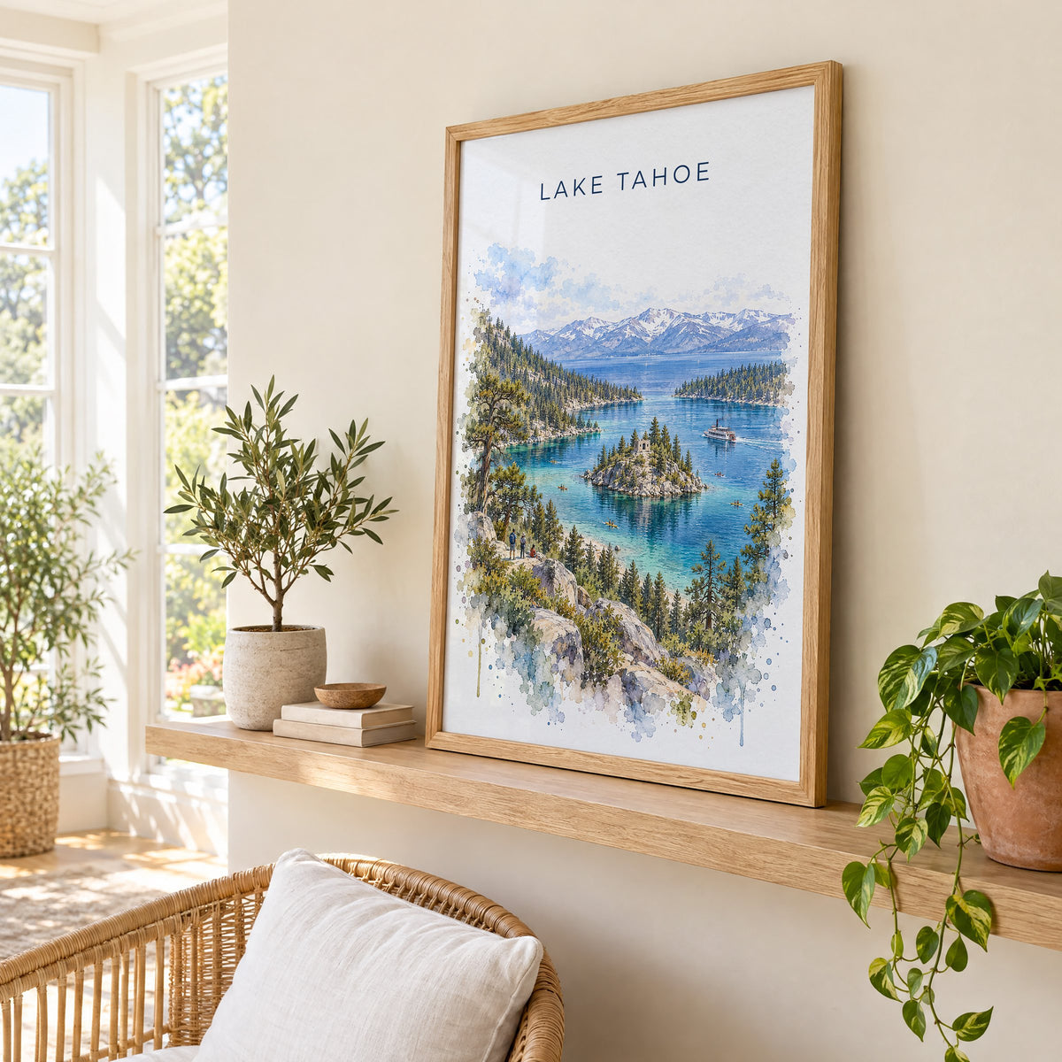 Lake Tahoe watercolor print in an oak frame on a picture ledge in a sunlit sunroom