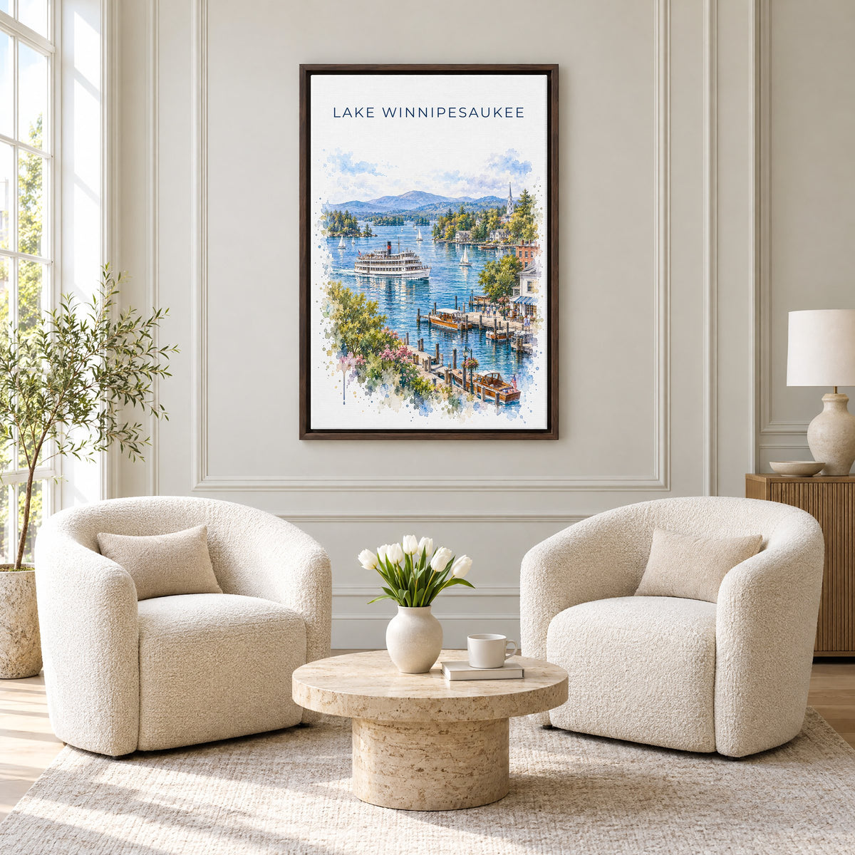 Lake Winnipesaukee watercolor print as an espresso floater canvas above two boucle armchairs in a hotel lounge