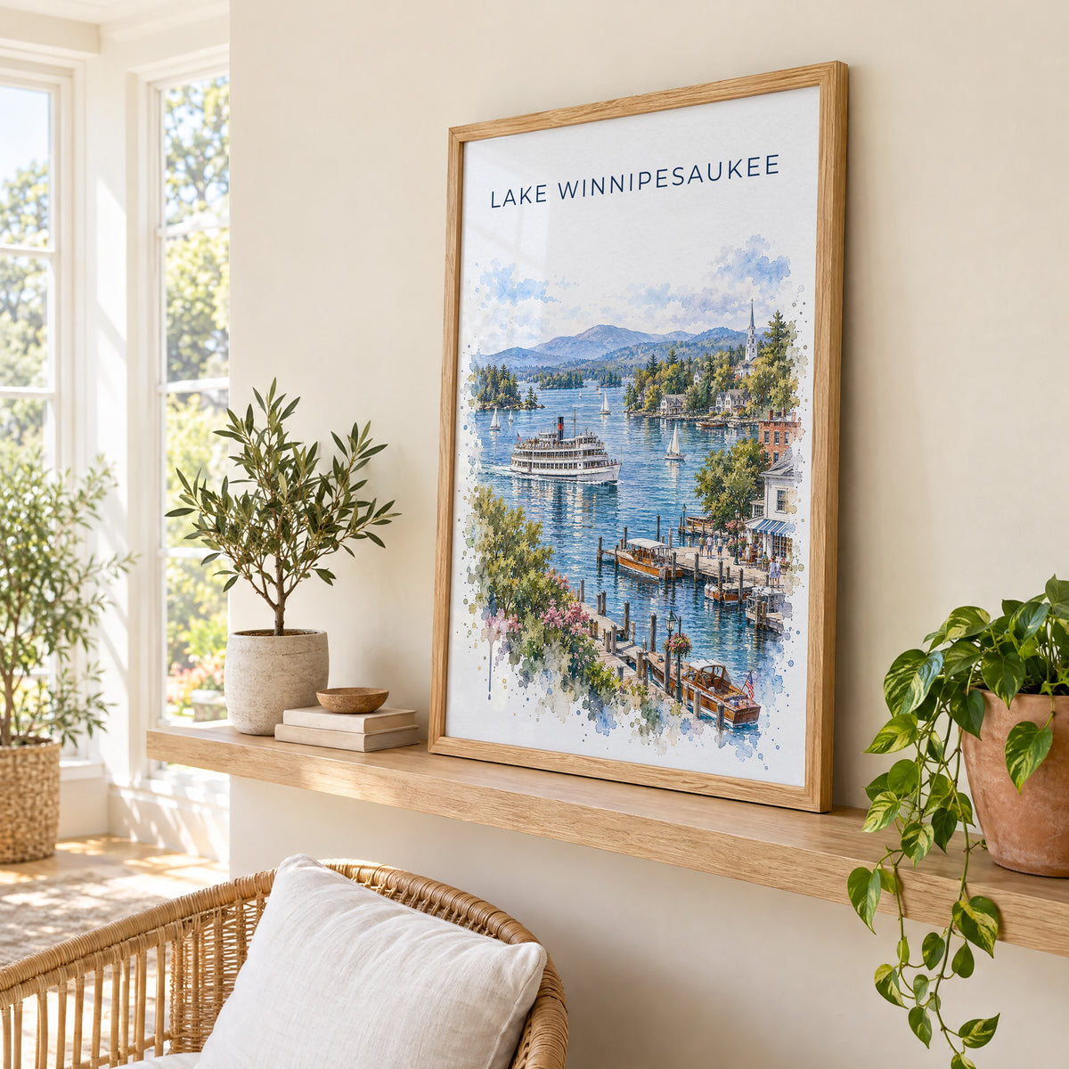 Lake Winnipesaukee watercolor print in an oak frame on a picture ledge in a sunlit sunroom
