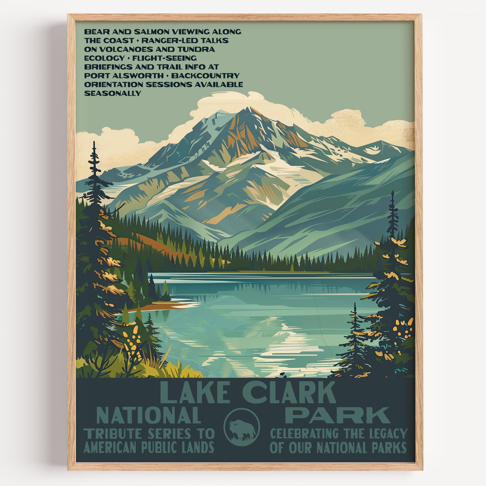 Lake Clark National Park wall art print in a thin wood frame, a turquoise lake below snow-covered volcanic peaks