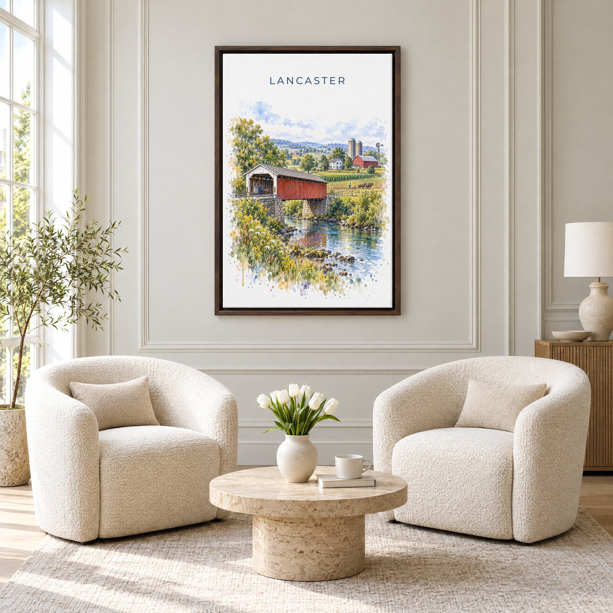Lancaster, Pennsylvania watercolor print as an espresso floater canvas above two boucle armchairs in a hotel lounge