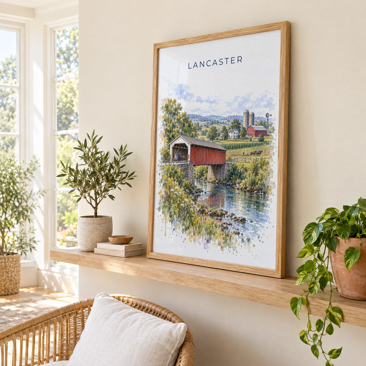 Lancaster, Pennsylvania watercolor print in an oak frame on a picture ledge in a sunlit sunroom