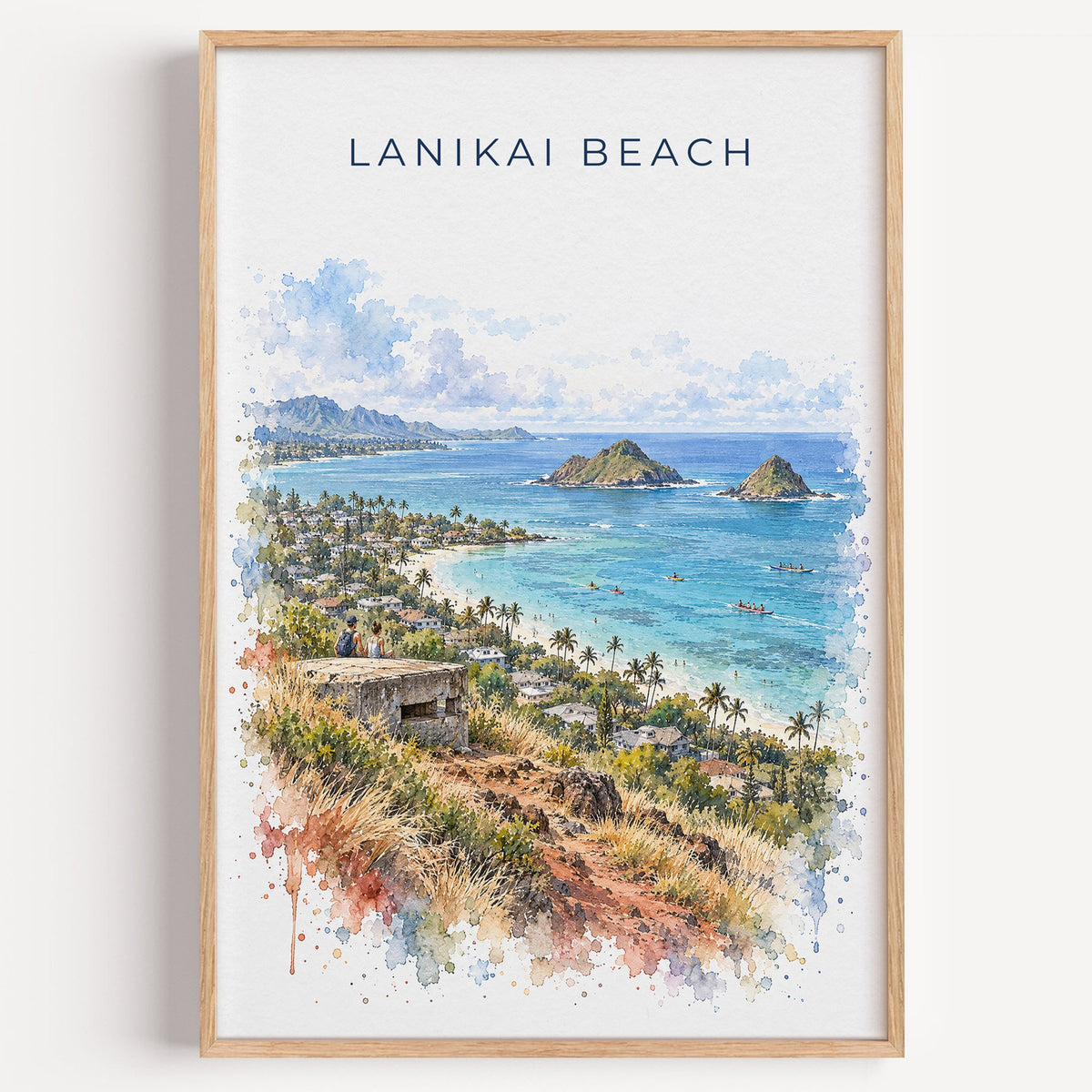 Lanikai Beach watercolor print in a light oak frame on a plain white wall
