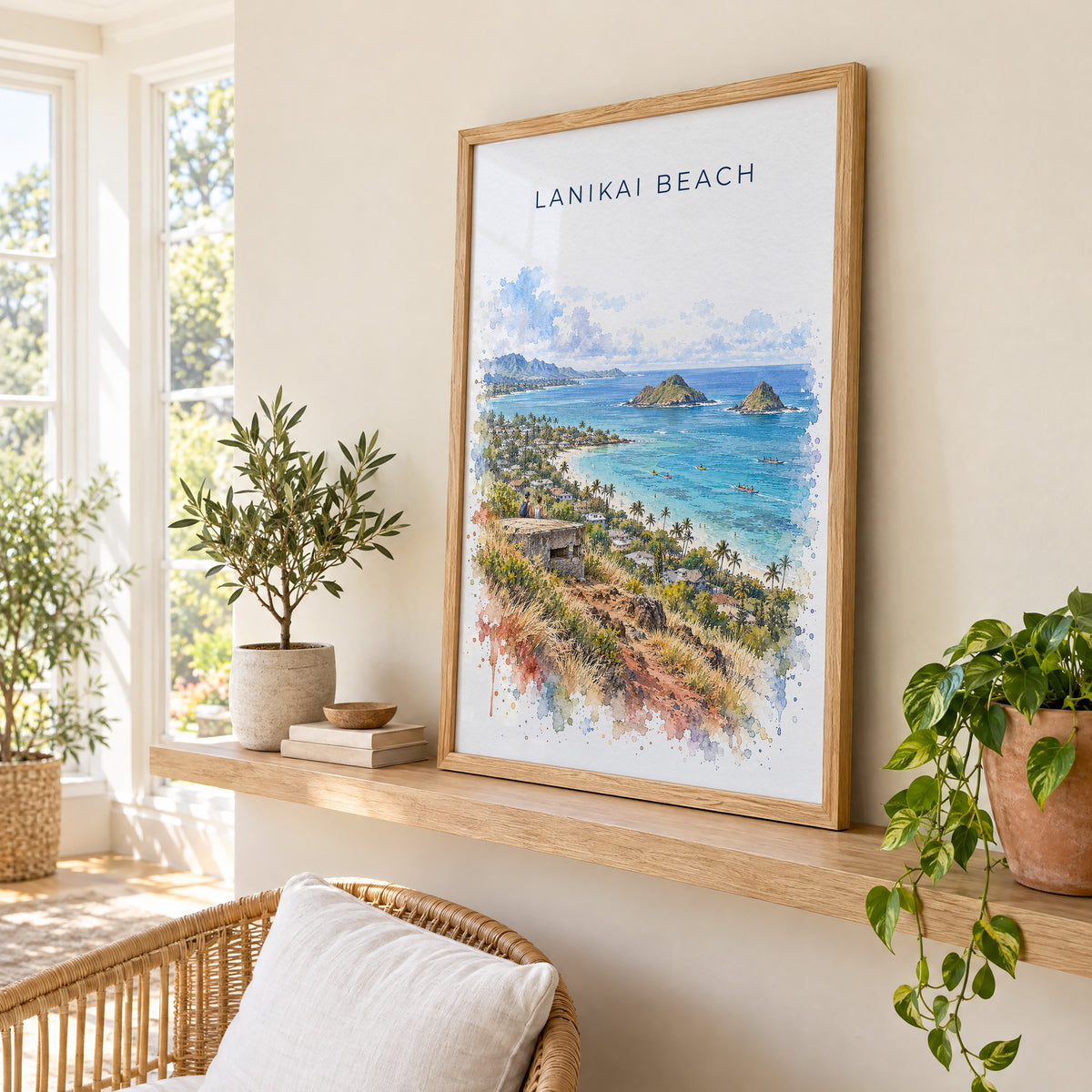 Lanikai Beach watercolor print in an oak frame on a picture ledge in a sunlit sunroom