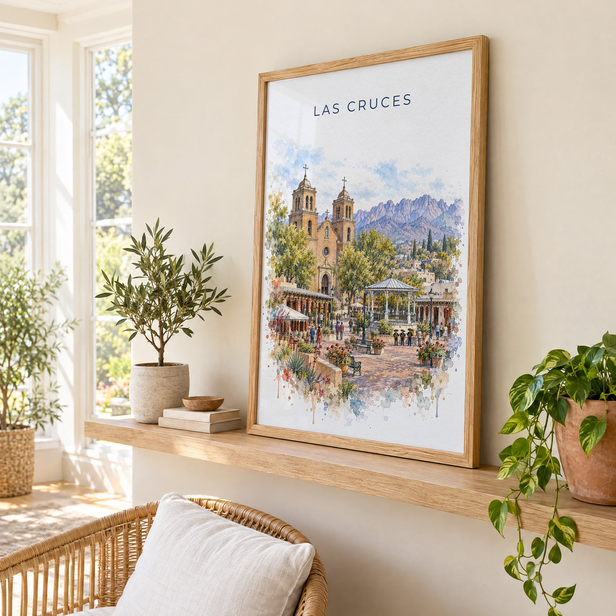 Las Cruces watercolor print in an oak frame on a picture ledge in a sunlit sunroom