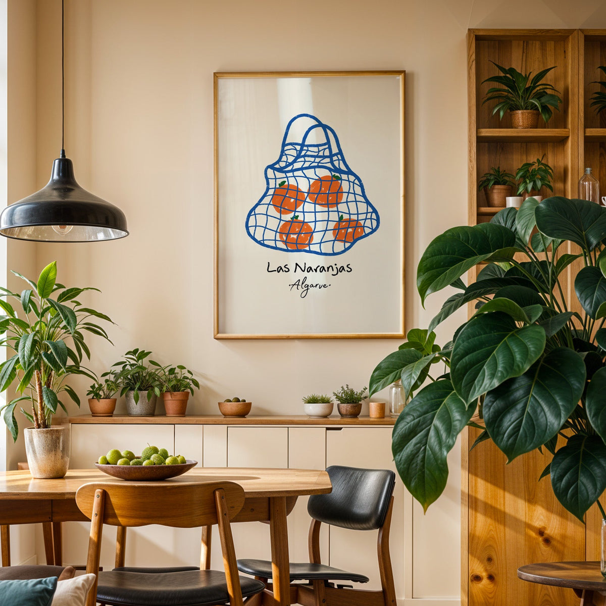 Las naranjas orange net bag print in an oak frame above a sideboard in a dining room