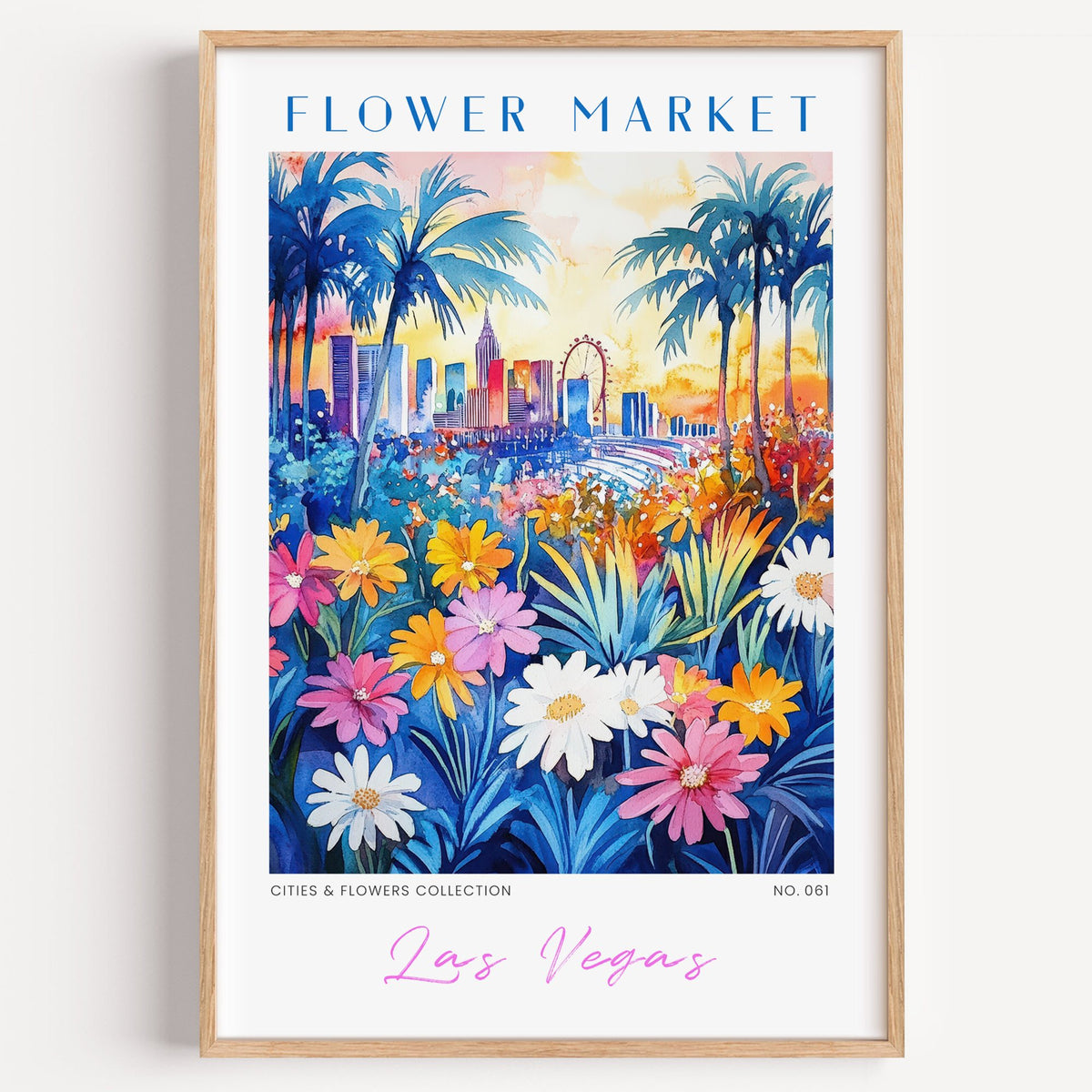 Las Vegas flower market print in a light oak frame on a plain white wall