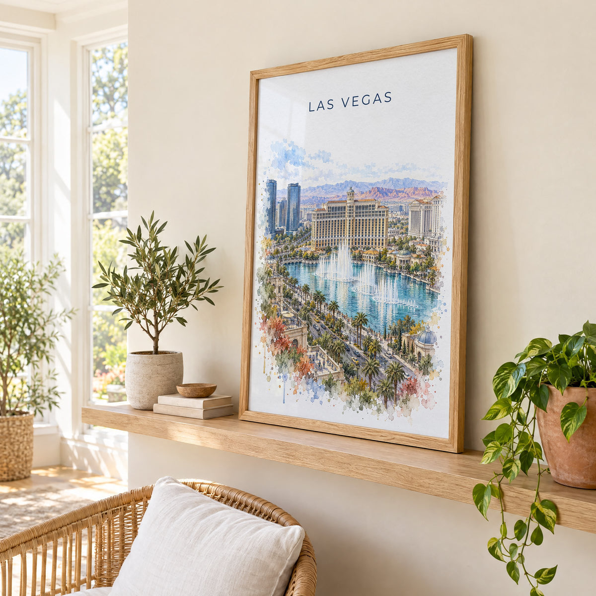 Las Vegas watercolor print in an oak frame on a picture ledge in a sunlit sunroom