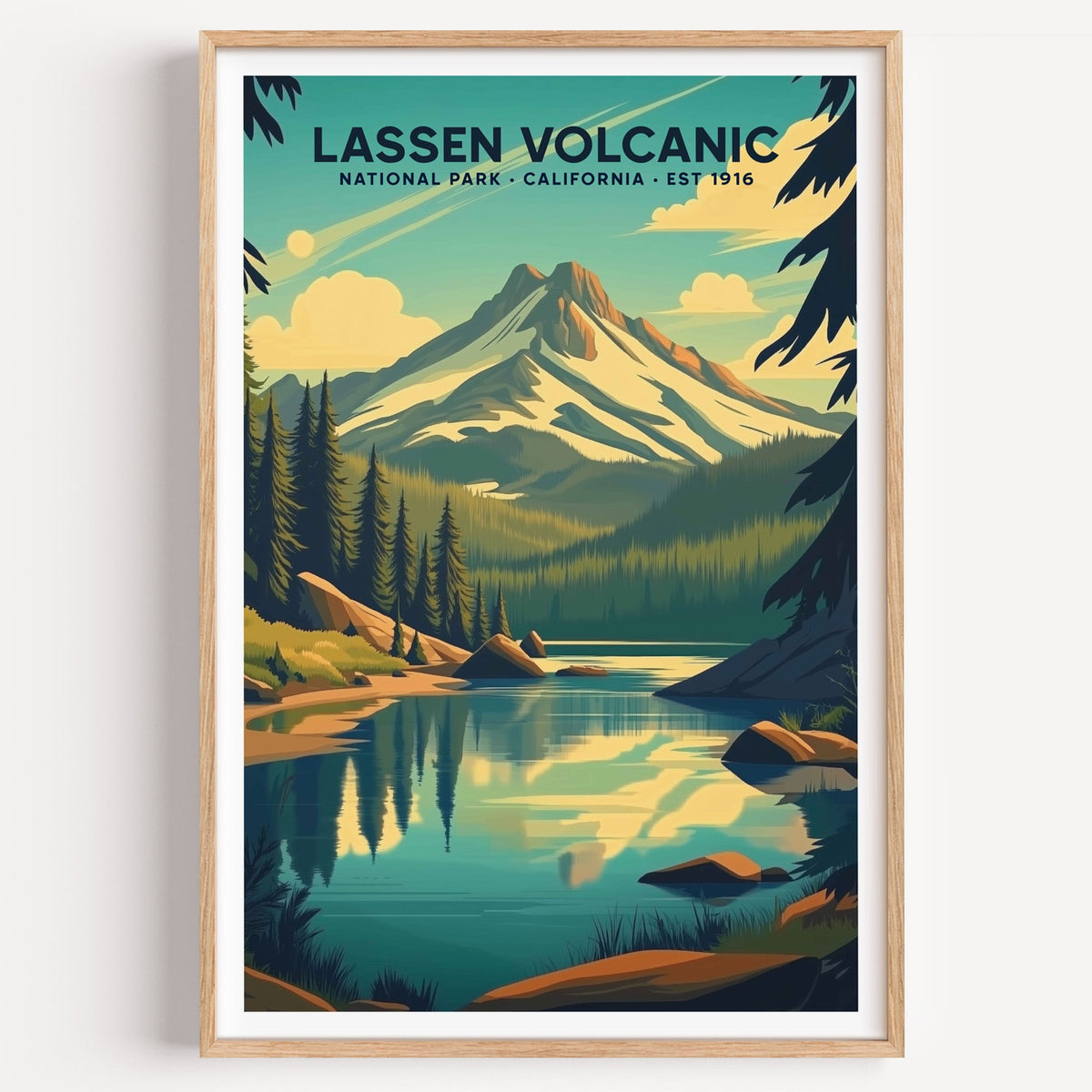 Lassen Volcanic National Park illustrated print: a snowy volcano above a lake, in an oak frame