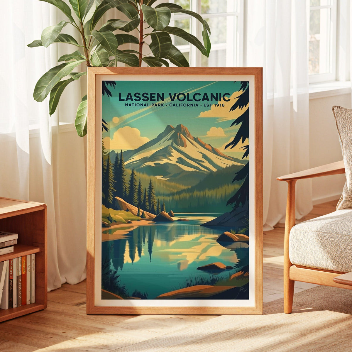 Lassen Volcanic National Park print in an oak frame by a sunlit window with sheer curtains and a fig plant