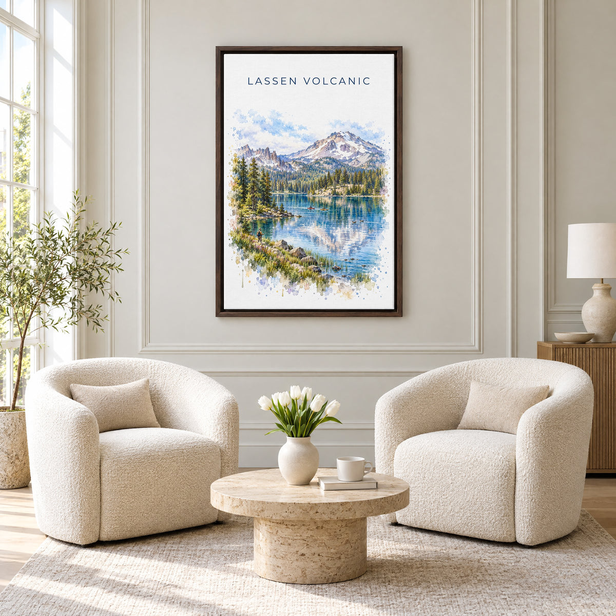 Lassen Volcanic National Park watercolor print as an espresso floater canvas above two boucle armchairs in a hotel lounge