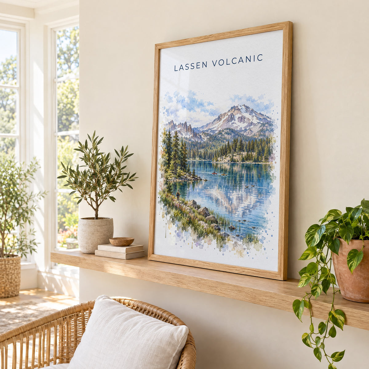 Lassen Volcanic National Park watercolor print in an oak frame on a picture ledge in a sunlit sunroom